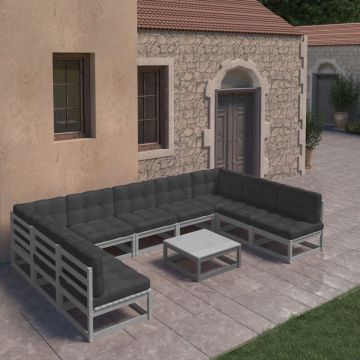 vidaXL 10-delige Loungeset met kussens massief grenenhout grijs