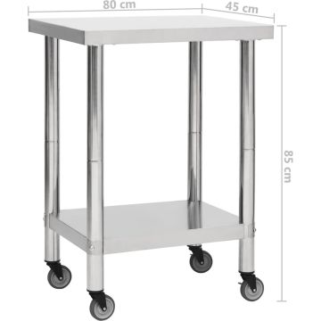 vidaXL Keukenwerktafel met wielen 80x45x85 cm roestvrij staal