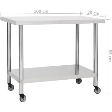 vidaXL Keukenwerktafel met wielen 100x30x85 cm roestvrij staal