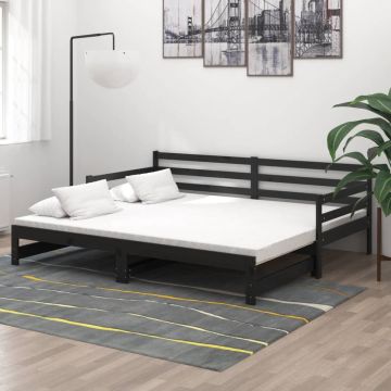 vidaXL Slaapbank uitschuifbaar massief grenenhout zwart 2x(90x200) cm