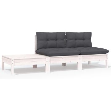 vidaXL 3-delige Loungeset met kussens massief grenenhout wit