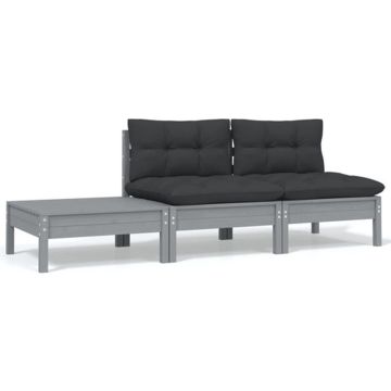 vidaXL 3-delige Loungeset met kussens massief grenenhout grijs