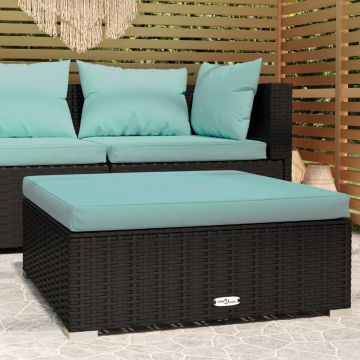 vidaXL Tuinvoetenbank met kussen 70x70x30 cm poly rattan zwart