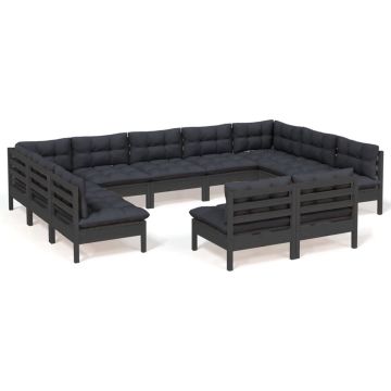 vidaXL 11-delige Loungeset met kussens massief grenenhout zwart