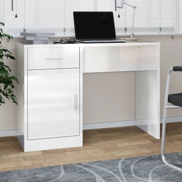 vidaXL Bureau met kast en lade 100x40x73 cm bewerkt hout hoogglans wit