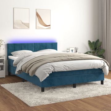 vidaXL Boxspring met matras en LED fluweel donkerblauw 140x200 cm