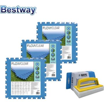 Bestway - Zwembad tegels - 50 cm x 50 cm - 6m² - 24 tegels &amp; WAYS scrubborstel