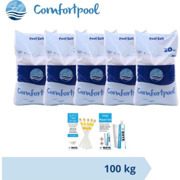 Voordeelverpakking - Zwembadzout - 100 kg (5 x 20) &amp; WAYS Reparatieset en Teststrips