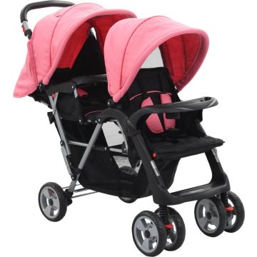 Decoways - Kinderwagen dubbel staal roze en zwart