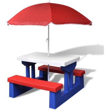Decoways - Kinderpicknicktafel met banken en parasol meerkleurig