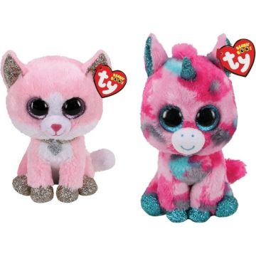 Ty - Knuffel - Beanie Boo's - Gumball Unicorn &amp; Fiona Pink Cat