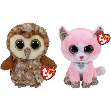 Ty - Knuffel - Beanie Boo's - Percy Owl &amp; Fiona Pink Cat