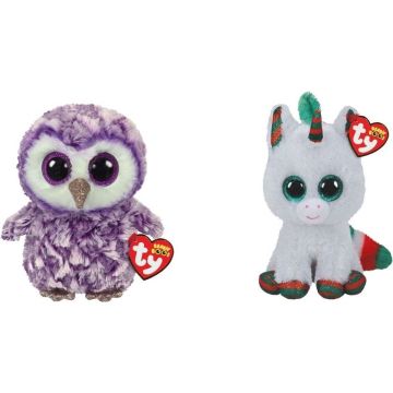 Ty - Knuffel - Beanie Boo's - Moonlight Owl &amp; Christmas Unicorn