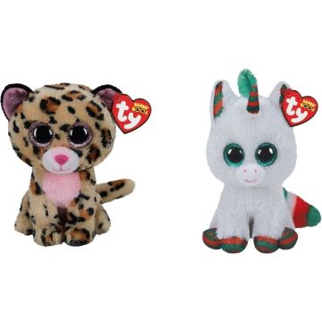 Ty - Knuffel - Beanie Boo's - Livvie Leopard &amp; Christmas Unicorn