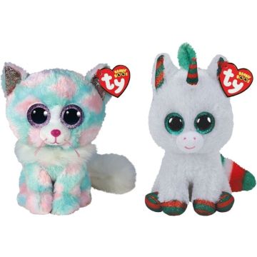 Ty - Knuffel - Beanie Boo's - Opal Cat &amp; Christmas Unicorn