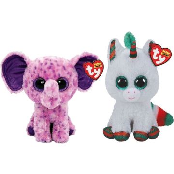 Ty - Knuffel - Beanie Boo's - Eva Elephant &amp; Christmas Unicorn