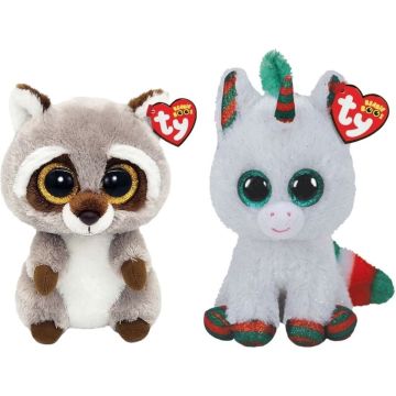Ty - Knuffel - Beanie Boo's - Racoon &amp; Christmas Unicorn