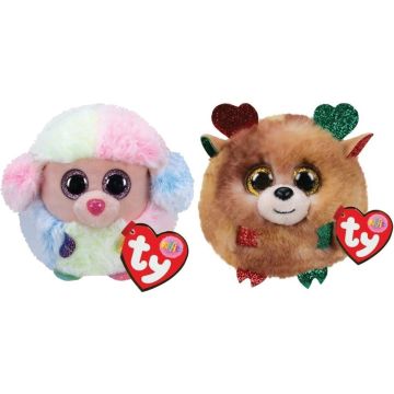 Ty - Knuffel - Teeny Puffies - Rainbow Poodle &amp; Chistmas Reindeer