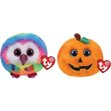 Ty - Knuffel - Teeny Puffies - Owel Owl &amp; Halloween Pumpkin