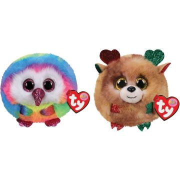 Ty - Knuffel - Teeny Puffies - Owel Owl &amp; Christmas Reindeer