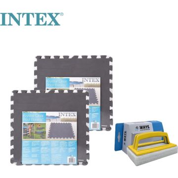 Intex - Voordeelverpakking - Zwembadtegels Grijs - 2 verpakkingen van 8 tegels - 4m² &amp; WAYS scrubborstel