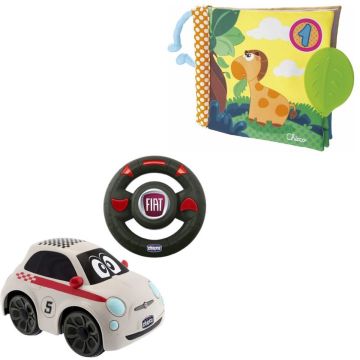 Chicco bundel - Fiat 500 - Bestuurbare Speelgoedauto &amp; Babyboekje Junior 19 X 19 Cm Polyester Geel/groen