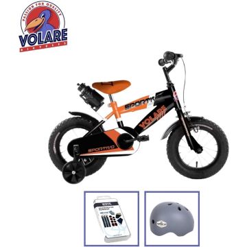 Volare Kinderfiets Sportivo - 12 inch - Oranje/Zwart - Inclusief fietshelm + accessoires