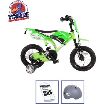 Volare Kinderfiets Motorbike - 12 inch - Groen - Inclusief fietshelm + accessoires