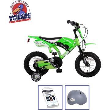 Volare Kinderfiets Motorbike - 12 inch - Groen - Twee handremmen - Inclusief fietshelm + accessoires
