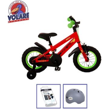 Volare Kinderfiets Rocky - 12 inch - Rood/Groen - Inclusief fietshelm + accessoires
