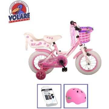 Volare Kinderfiets Rose - 12 inch - Roze/Wit - Met fietshelm &amp; accessoires