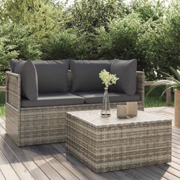 vidaXL 3-delige Loungeset met kussens poly rattan grijs