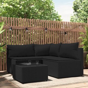 vidaXL 4-delige Loungeset met kussens poly rattan zwart