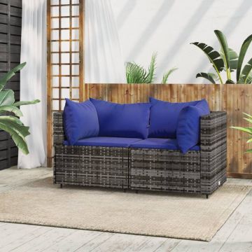 vidaXL Tuinhoekbanken met kussens 2 st poly rattan grijs