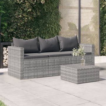 vidaXL Tuinbank 3-zits met kussens poly rattan grijs