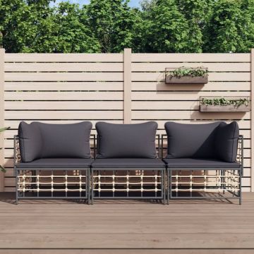 vidaXL 3-delige Loungeset met kussens poly rattan antracietkleurig