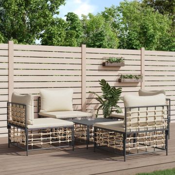 vidaXL 5-delige Loungeset met kussens poly rattan antracietkleurig