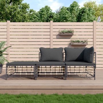 vidaXL 3-delige Loungeset met kussens poly rattan antracietkleurig