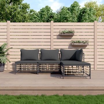 vidaXL 4-delige Loungeset met kussens poly rattan antracietkleurig