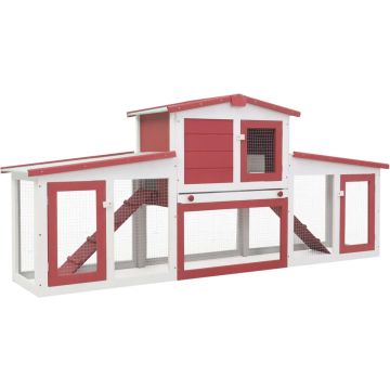 The Living Store Konijnenhok - 204 x 45 x 85 cm - massief vurenhout - UV- en weerbestendig dak - verwijderbare schuiflade - wit/rood
