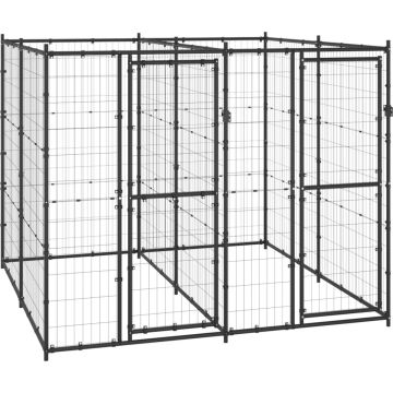 The Living Store Hondenkennel - Zwarte gepoedercoat stalen constructie - 220 x 220 x 180 cm (L x B x H) - Met deuren en afsluitbaar vergrendelingssysteem