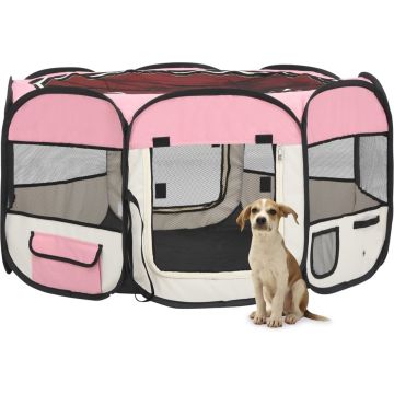 The Living Store inklapbare hondenren - 125x125x61 cm - Staalconstructie - Roze - Crème