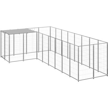 The Living Store Grote Hondenkennel - Stalen Constructie - 220 x 440 x 110 cm - Waterbestendig dak - Afsluitbare Deur - Zilverkleurig