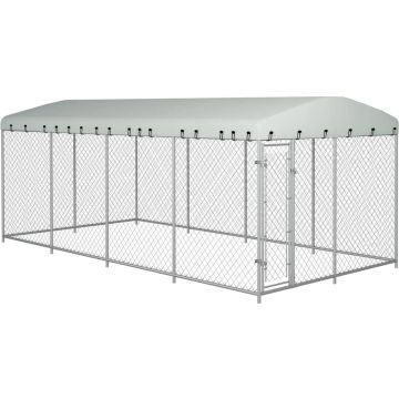 The Living Store Hondenkennel - Grote - verzwaarde constructie - 7.6 x 3.8 x 2.3 m (B x D x H) - 100% PE dak - Zilver kleur - Gegalvaniseerd staal - Kettingschakel gaas - Afsluitbaar vergrendelingssysteem - Geschikt voor honden