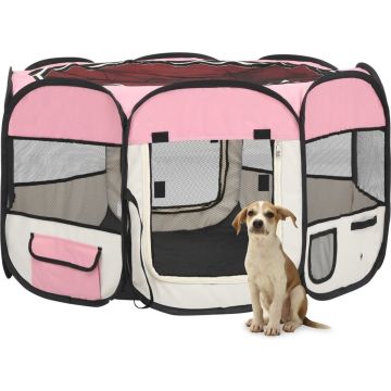 The Living Store Inklapbare hondenren 110x110x58 cm - Roze en crème - Polyester en staal