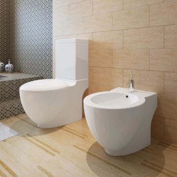The Living Store Staande Toilet en Bidet Set - Wit Keramiek - 65 x 40 x 85 cm - Duaal spoelsysteem - Soft close toiletbril