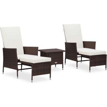 The Living Store Loungeset - Bruin - PE-rattan/staal/stof - 63x130x102cm - Inclusief kussens (cremewit)