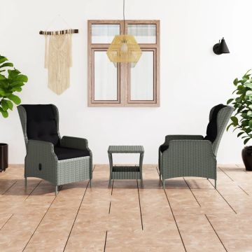 The Living Store Loungeset Rond PE-rattan - Lichtgrijs - 2 stoelen - Tafel - Zwart kussen - Afmetingen stoel- 57x88x100cm (BxDxH) - Afmetingen tafel- 45x45x46.5cm - Met ligfunctie - Montage vereist