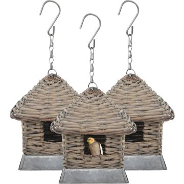 The Living Store Rieten Vogelhuisjes - Set van 3 - Gietijzer en Wicker - 17x17x19 cm - Handgemaakt