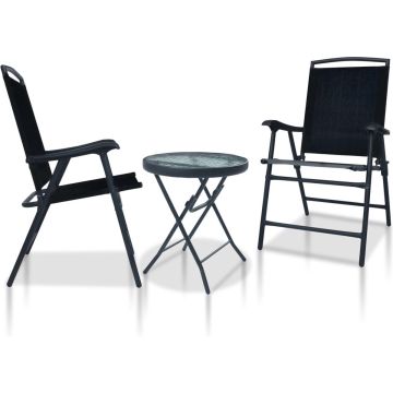 The Living Store Bistroset - 3-delige tuinmeubelset - Zwart - Textileen - staal en glas - 62x59x93cm (stoel) - 40x46cm (tafel) - Watergolfpatroon